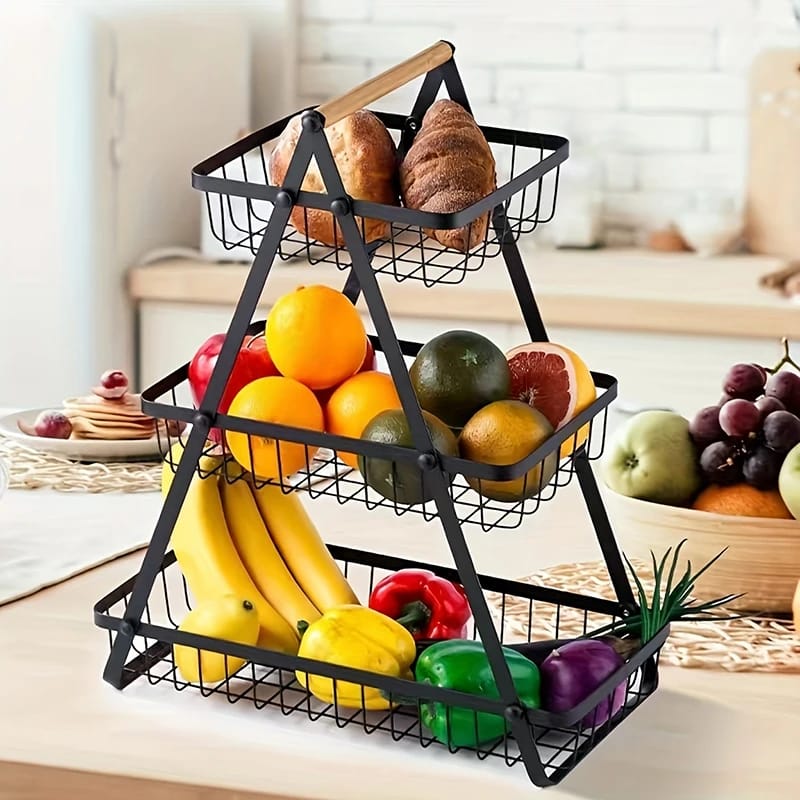 Cesto organizador de frutas multi-capas para cocina, de tres niveles con malla fina. Canasta de almacenamiento portátil y multifuncional para frutas, snacks y uso en el hogar.